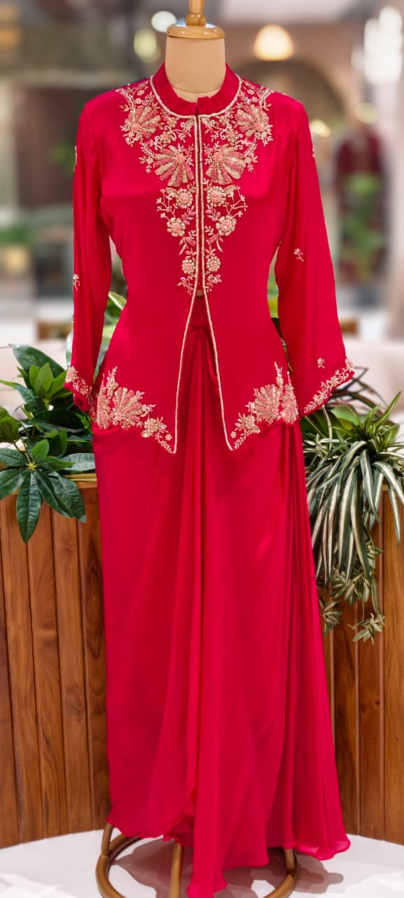 Ruby Blossom Hand-Embroidered Front Slitted Kurta With Drape Skirt Bottom In Chinon Fabric