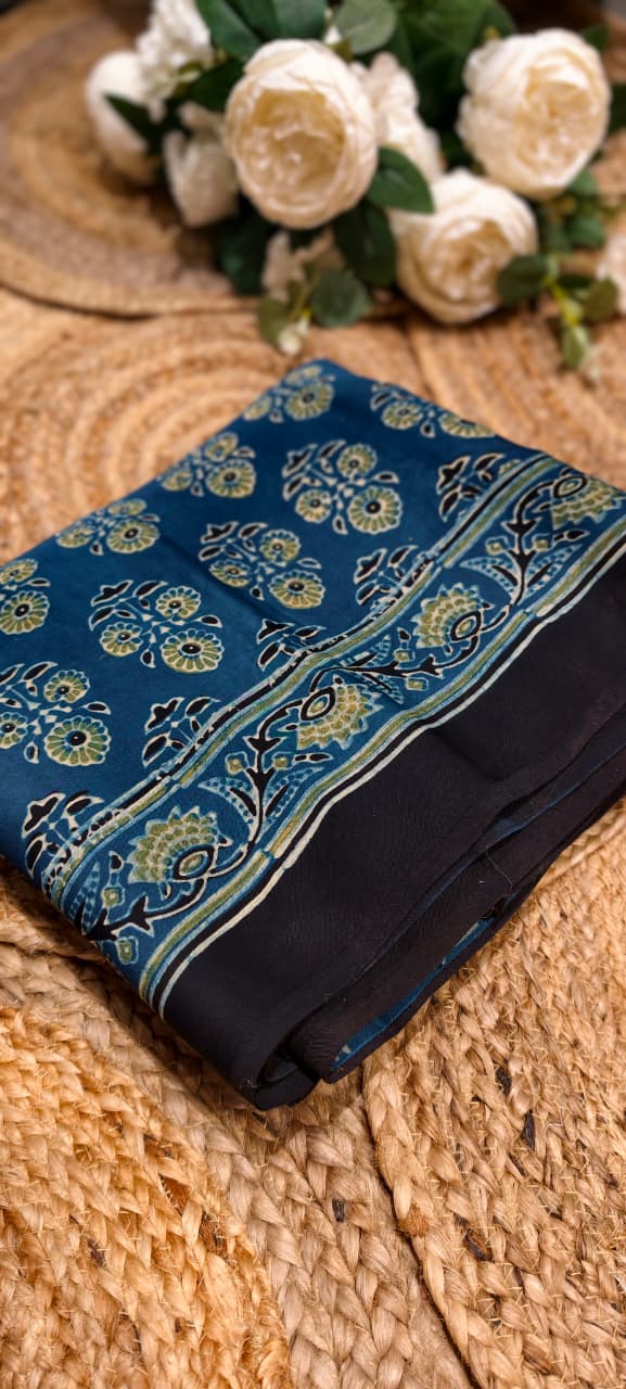 Handblock Traditional Printed Blue Elegance Saree With Unstitched Blouse- 13331