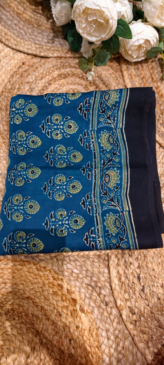 Handblock Traditional Printed Blue Elegance Saree With Unstitched Blouse- 13331