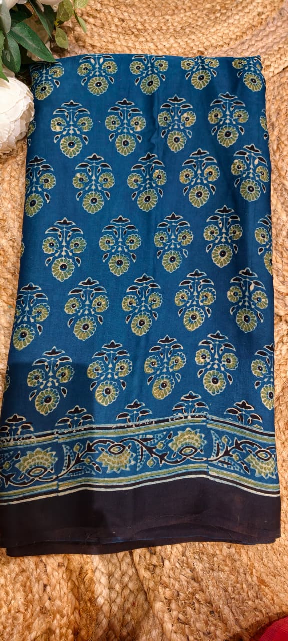 Handblock Traditional Printed Blue Elegance Saree With Unstitched Blouse- 13331