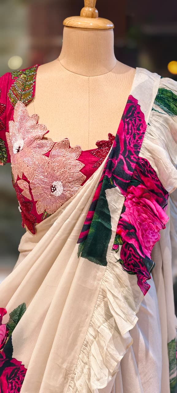 Carnival Inspired Floral Cut-Work Stitched Blouse With Digital Rose Printed Designer Ruffled Saree- 13332