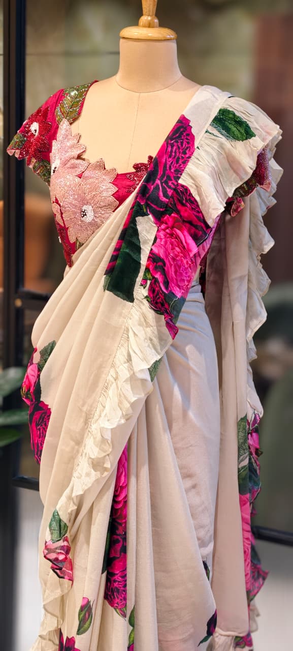 Carnival Inspired Floral Cut-Work Stitched Blouse With Digital Rose Printed Designer Ruffled Saree- 13332