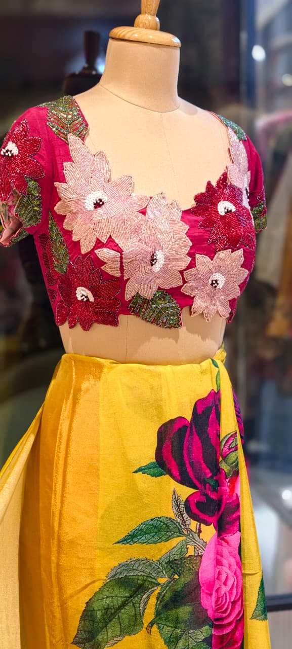 Carnival Inspired Floral Cut-Work Stitched Blouse With Digital Rose Printed Designer Ruffled Saree- 13332