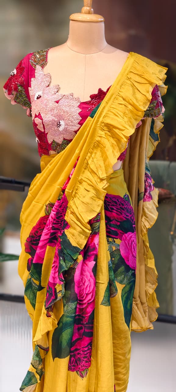 Carnival Inspired Floral Cut-Work Stitched Blouse With Digital Rose Printed Designer Ruffled Saree- 13332