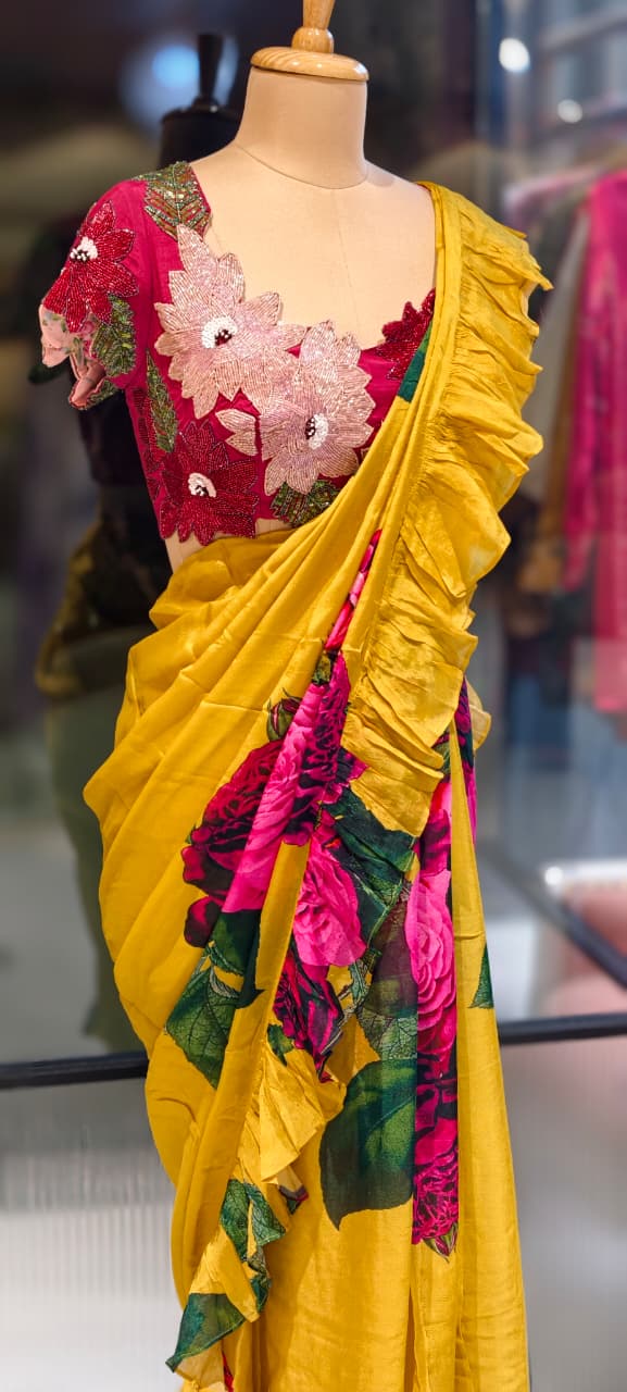Carnival Inspired Floral Cut-Work Stitched Blouse With Digital Rose Printed Designer Ruffled Saree- 13332