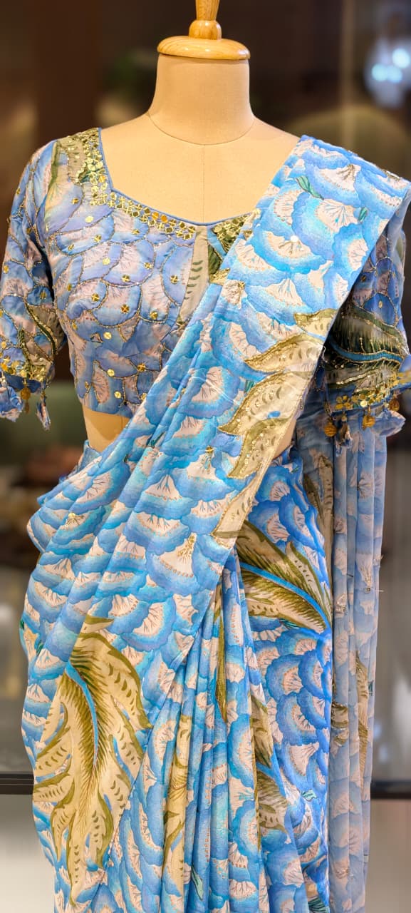 Aqua Vine Printed Designer Saree With Sequin & Cut-Dana Upwork & Stitched Blouse- 13341