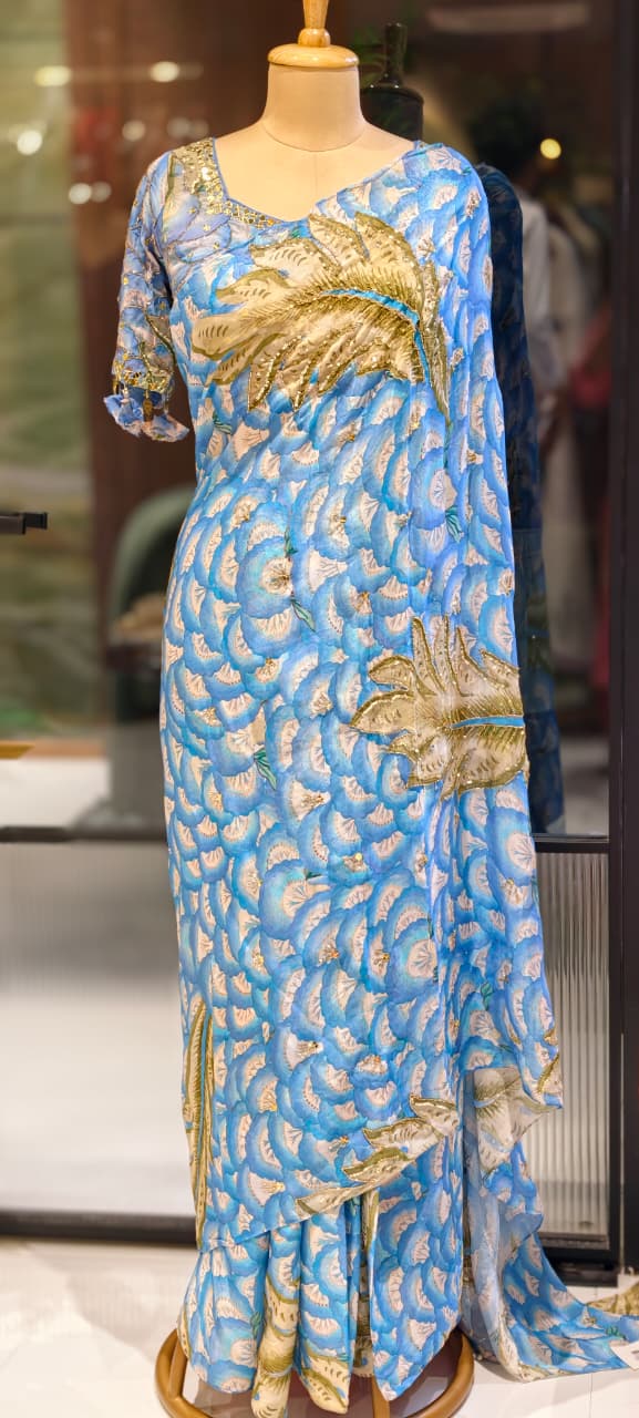 Aqua Vine Printed Designer Saree With Sequin & Cut-Dana Upwork & Stitched Blouse- 13341