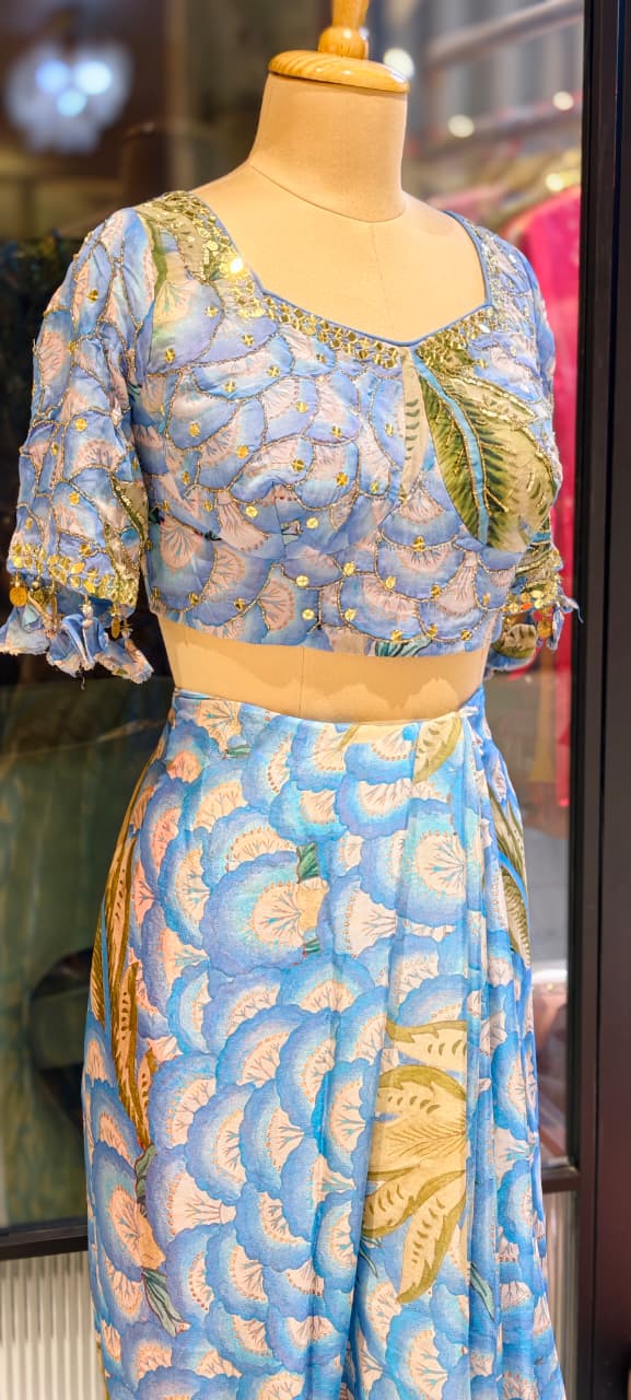 Aqua Vine Printed Designer Saree With Sequin & Cut-Dana Upwork & Stitched Blouse- 13341