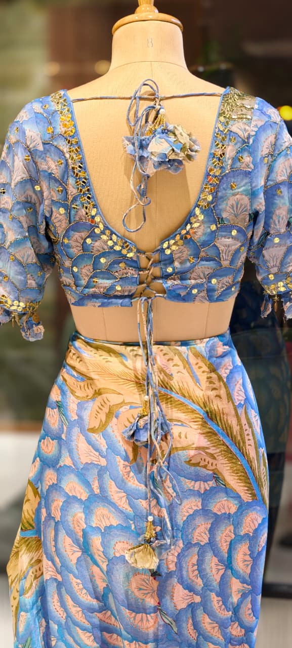 Aqua Vine Printed Designer Saree With Sequin & Cut-Dana Upwork & Stitched Blouse- 13341