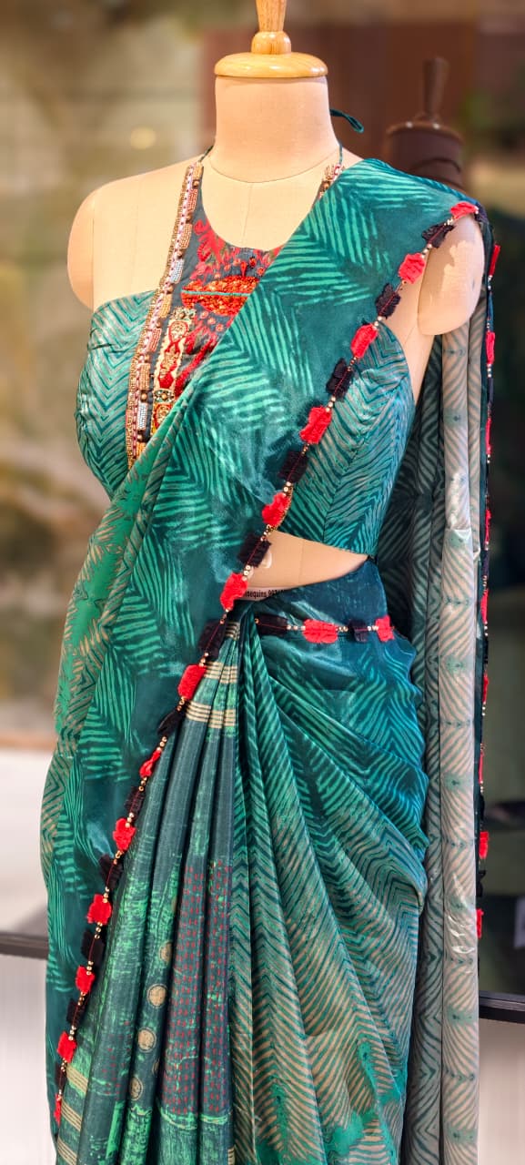 Urban Green Contemporary Printed Ethnic Bold Saree With Stylish Stitched Blouse- 13334