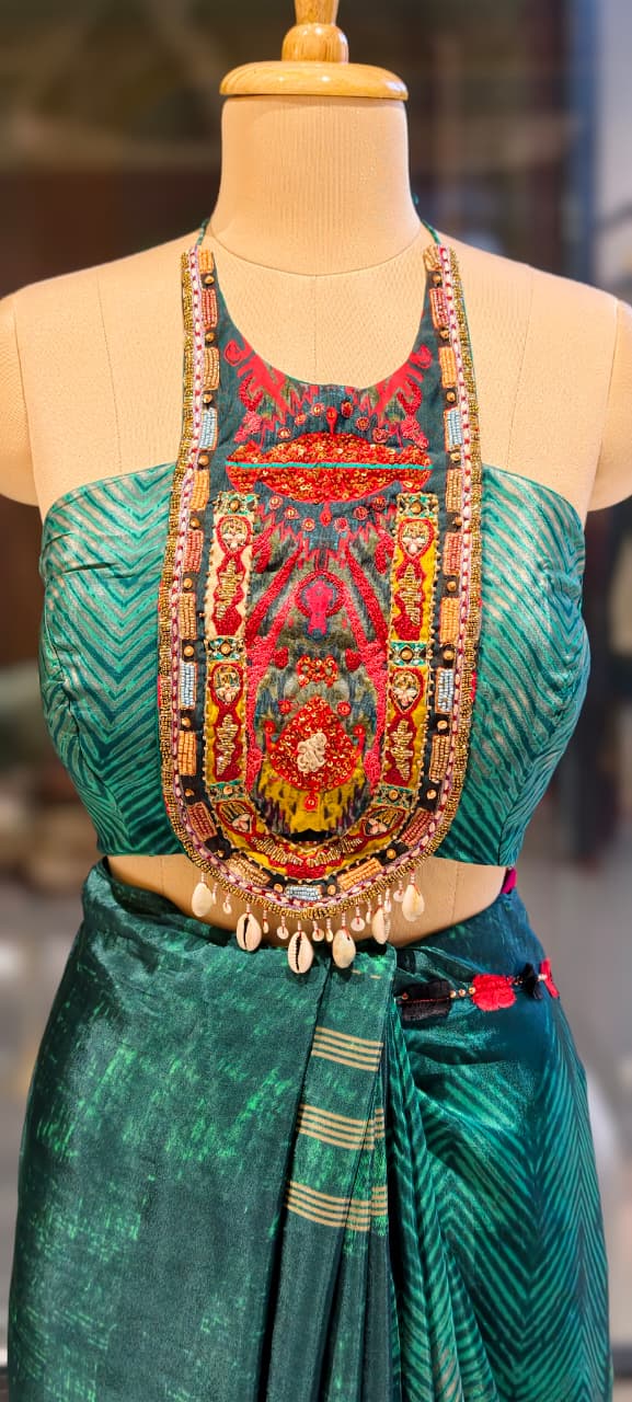 Urban Green Contemporary Printed Ethnic Bold Saree With Stylish Stitched Blouse- 13334