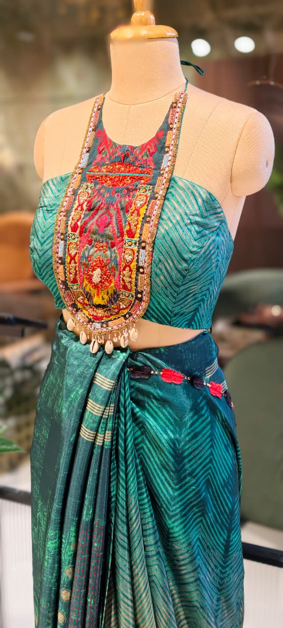 Urban Green Contemporary Printed Ethnic Bold Saree With Stylish Stitched Blouse- 13334