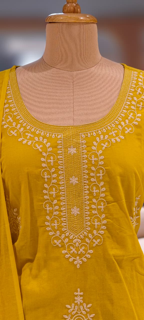 Rich Thread Embroidery Solid Cotton Straight Full Suit Set With Dupatta & Matching Bottom- 13320