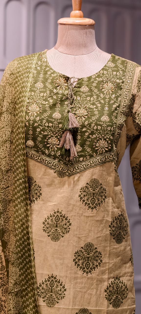Earthy Bloom Printed Ethnic Full Suit Set With Dupatta In Cotton Fabric- 13316