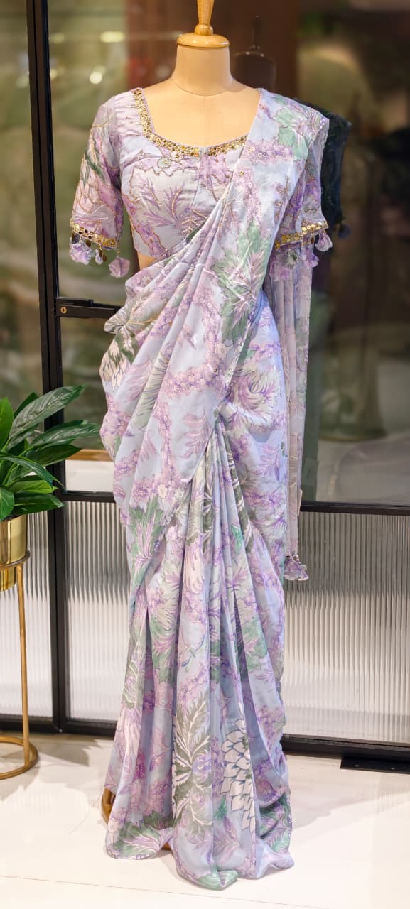 Pastel Floral Print With Delicate Embellishment Designer Saree With Stitched Blouse- 13340