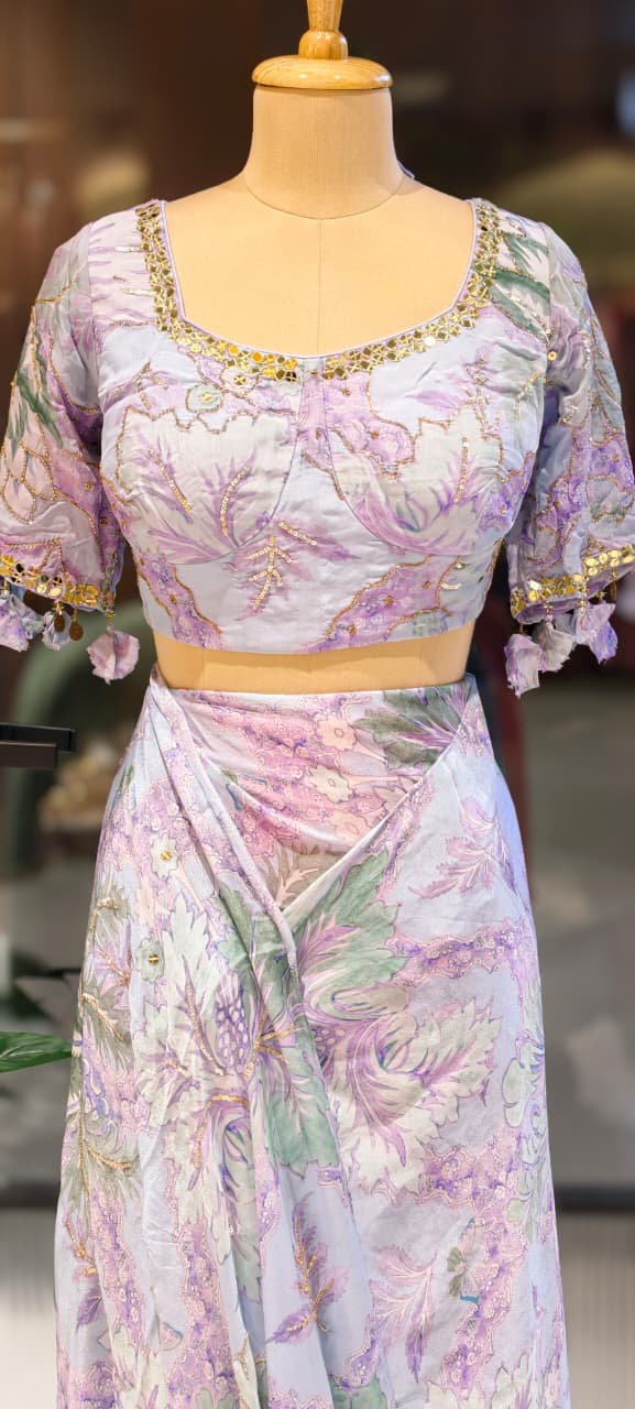 Pastel Floral Print With Delicate Embellishment Designer Saree With Stitched Blouse- 13340