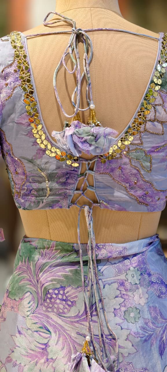 Pastel Floral Print With Delicate Embellishment Designer Saree With Stitched Blouse- 13340