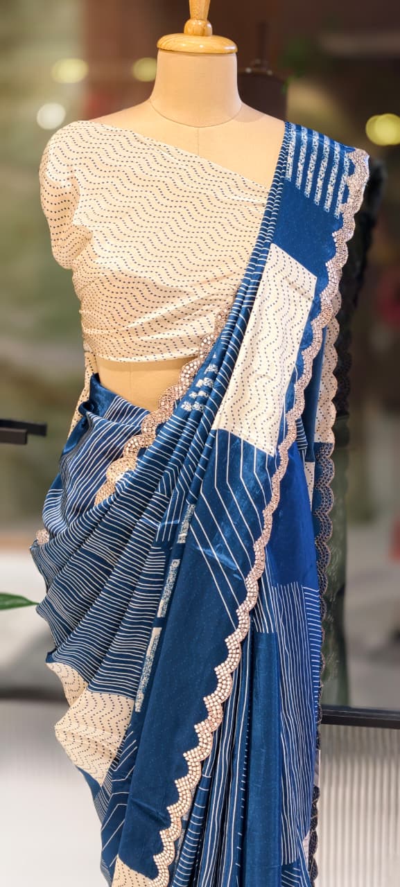 Scarlet Stripe Soft Luxe Twin Color Designer Saree With Unstitched Blouse