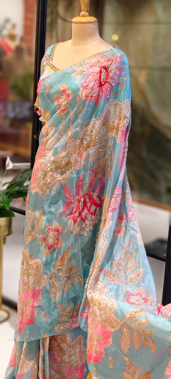 Cut-Dana Highlight Floral Print Sequin Upwork Designer Saree With Stitched Blouse- 13339