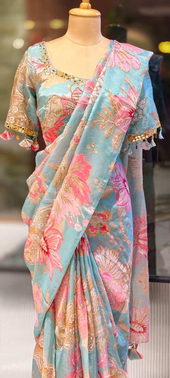 Cut-Dana Highlight Floral Print Sequin Upwork Designer Saree With Stitched Blouse- 13339