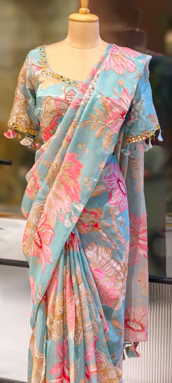 Cut-Dana Highlight Floral Print Sequin Upwork Designer Saree With Stitched Blouse- 13339