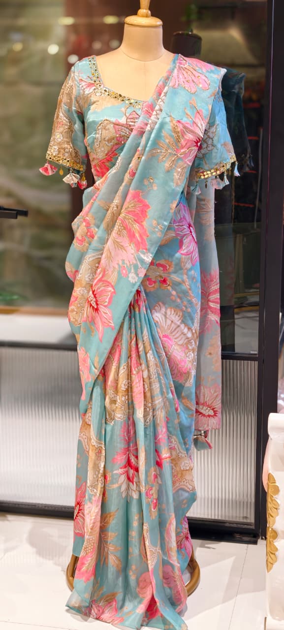 Cut-Dana Highlight Floral Print Sequin Upwork Designer Saree With Stitched Blouse- 13339