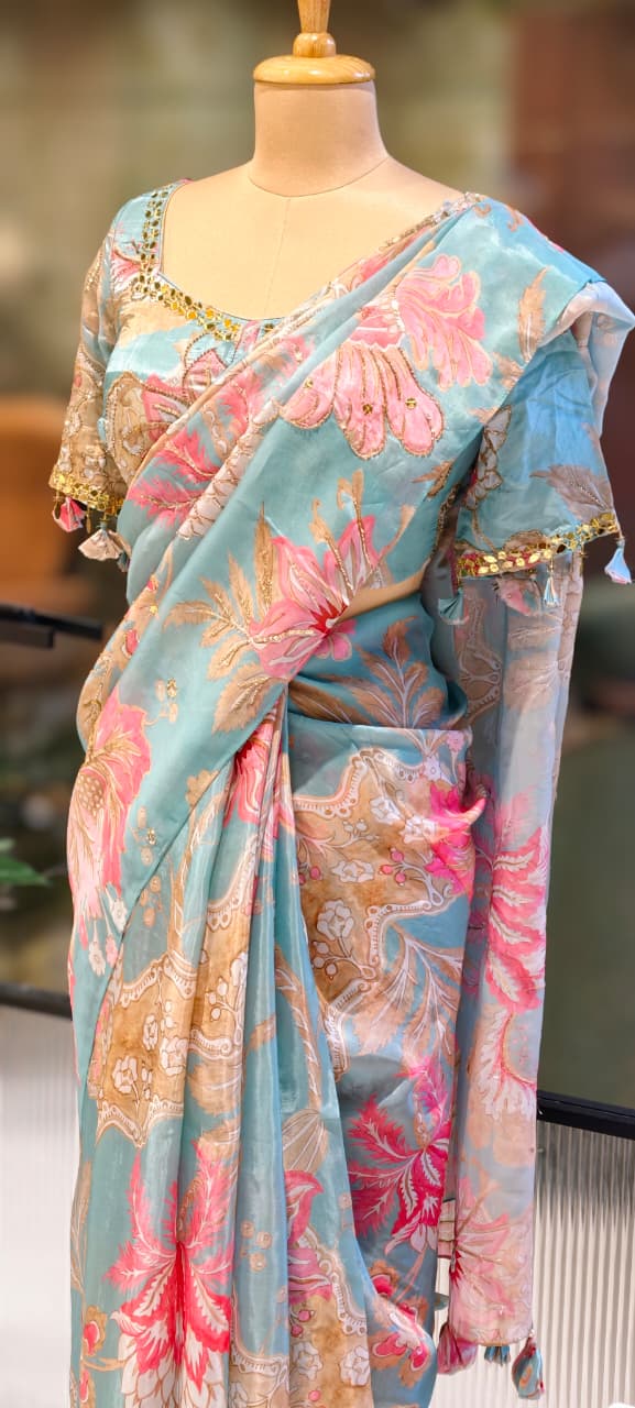 Cut-Dana Highlight Floral Print Sequin Upwork Designer Saree With Stitched Blouse- 13339