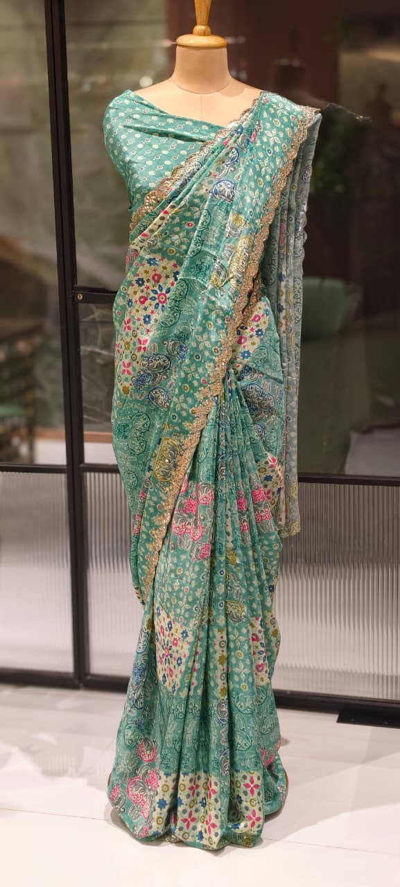 Dreamy Ethereal Aqua Multi Floral Printed Saree With Unstitched Blouse- 13343