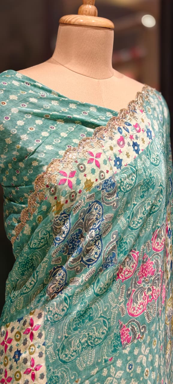 Dreamy Ethereal Aqua Multi Floral Printed Saree With Unstitched Blouse- 13343