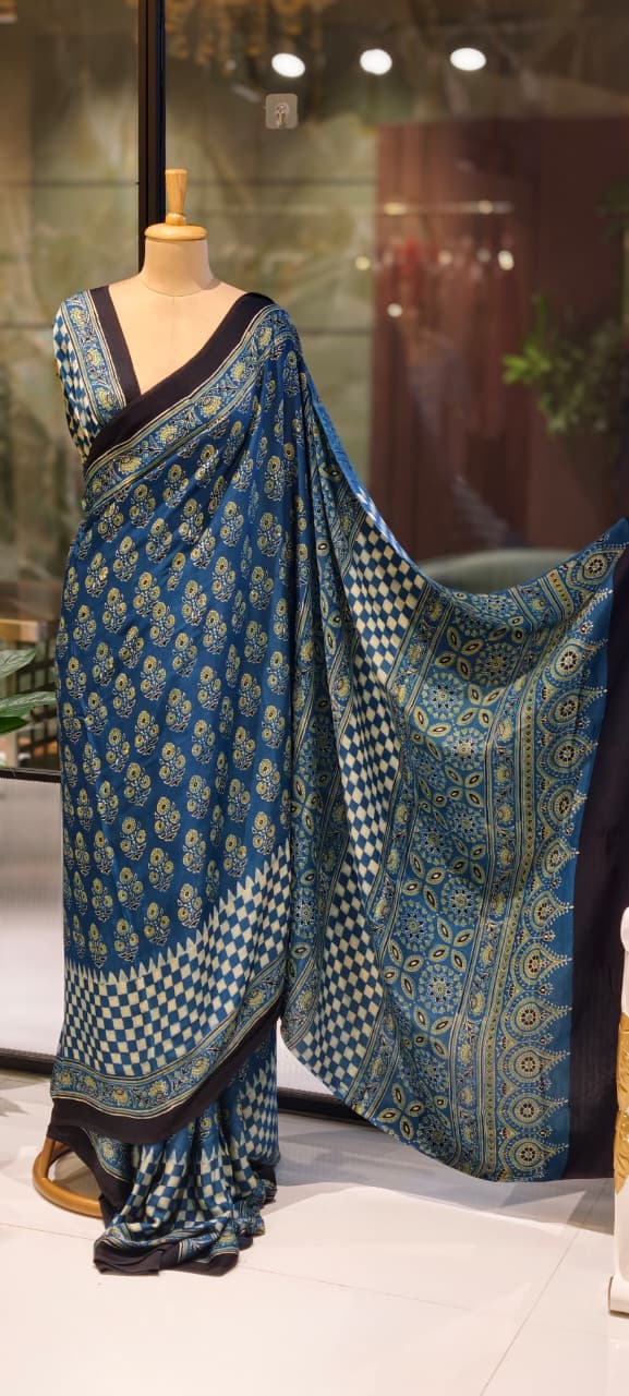 Handblock Traditional Printed Blue Elegance Saree With Unstitched Blouse- 13331