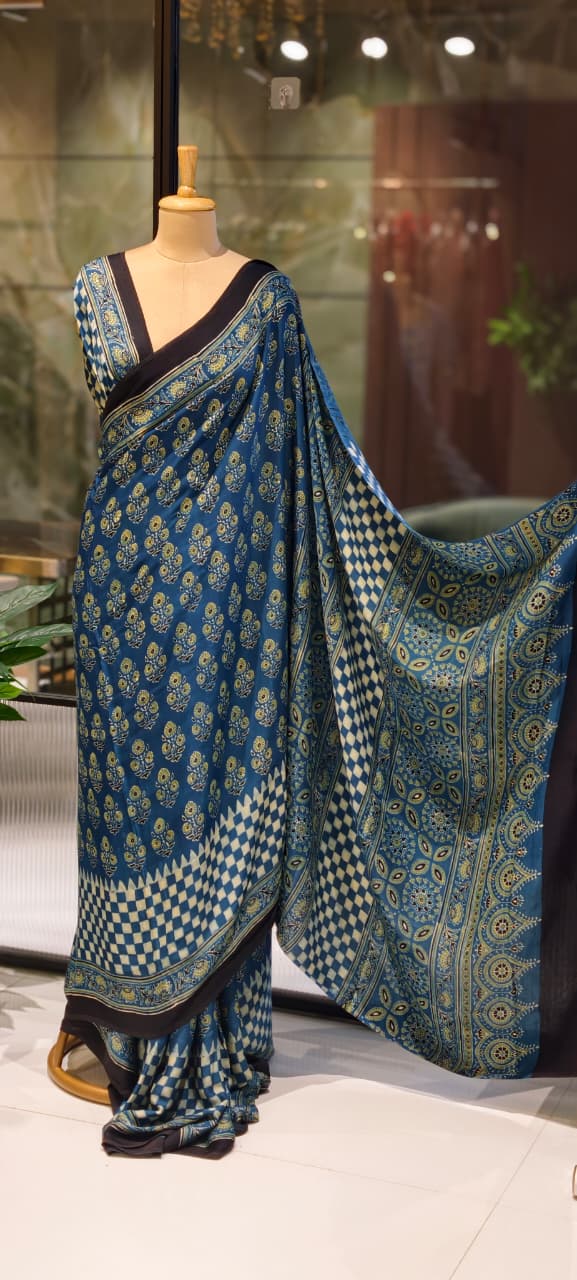 Handblock Traditional Printed Blue Elegance Saree With Unstitched Blouse- 13331