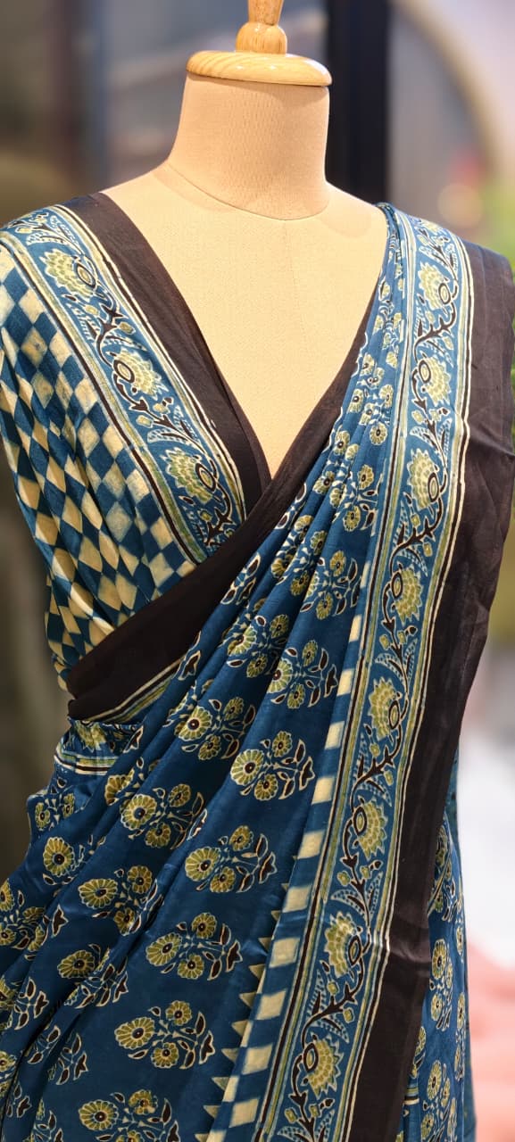 Handblock Traditional Printed Blue Elegance Saree With Unstitched Blouse- 13331
