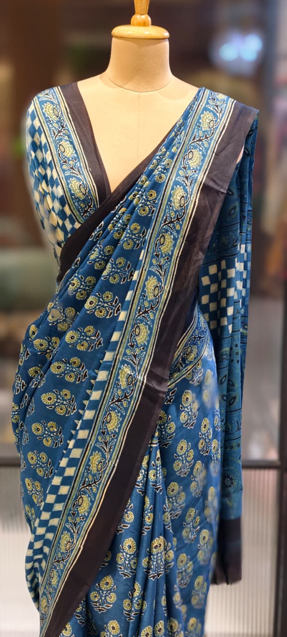 Handblock Traditional Printed Blue Elegance Saree With Unstitched Blouse- 13331