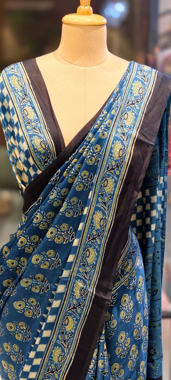 Handblock Traditional Printed Blue Elegance Saree With Unstitched Blouse- 13331