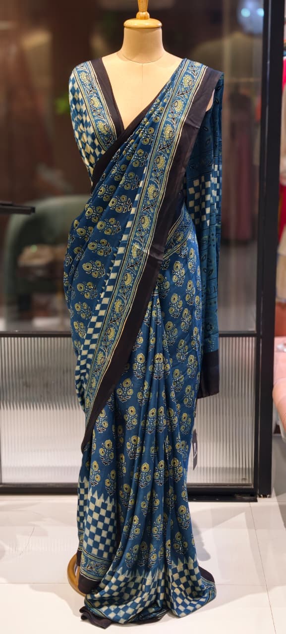 Handblock Traditional Printed Blue Elegance Saree With Unstitched Blouse- 13331