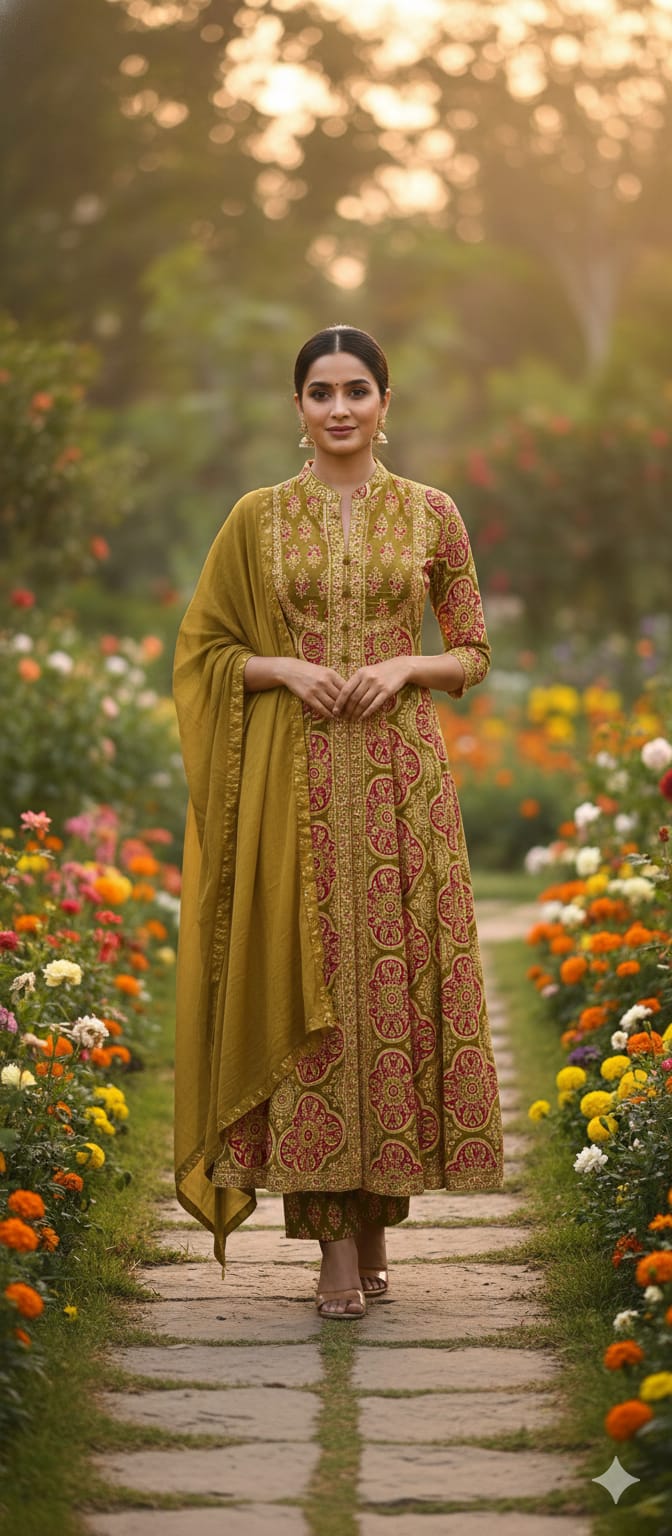 Traditional Printed Front Slitted Look Ethnic Anarkali Full Suit Set With Dupatta In Cotton Fabric-13315