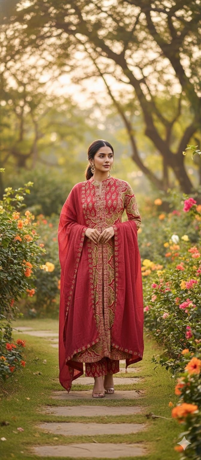 Traditional Printed Front Slitted Look Ethnic Anarkali Full Suit Set With Dupatta In Cotton Fabric-13315