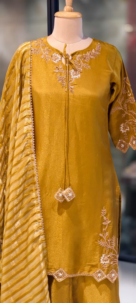 Noor Zari Embroidered Full Suit Set With Palazzo Bottom & Striped Dupatta In Tissue Fabric- 13301