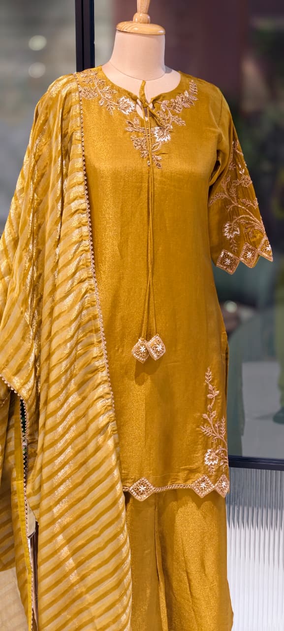 Noor Zari Embroidered Full Suit Set With Palazzo Bottom & Striped Dupatta In Tissue Fabric- 13301