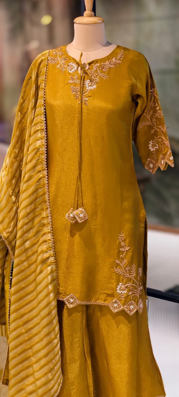Noor Zari Embroidered Full Suit Set With Palazzo Bottom & Striped Dupatta In Tissue Fabric- 13301