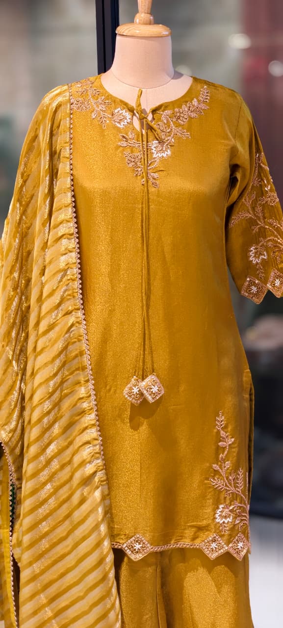Noor Zari Embroidered Full Suit Set With Palazzo Bottom & Striped Dupatta In Tissue Fabric- 13301