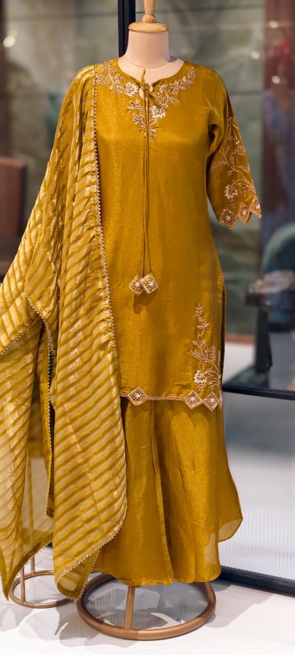 Noor Zari Embroidered Full Suit Set With Palazzo Bottom & Striped Dupatta In Tissue Fabric- 13301
