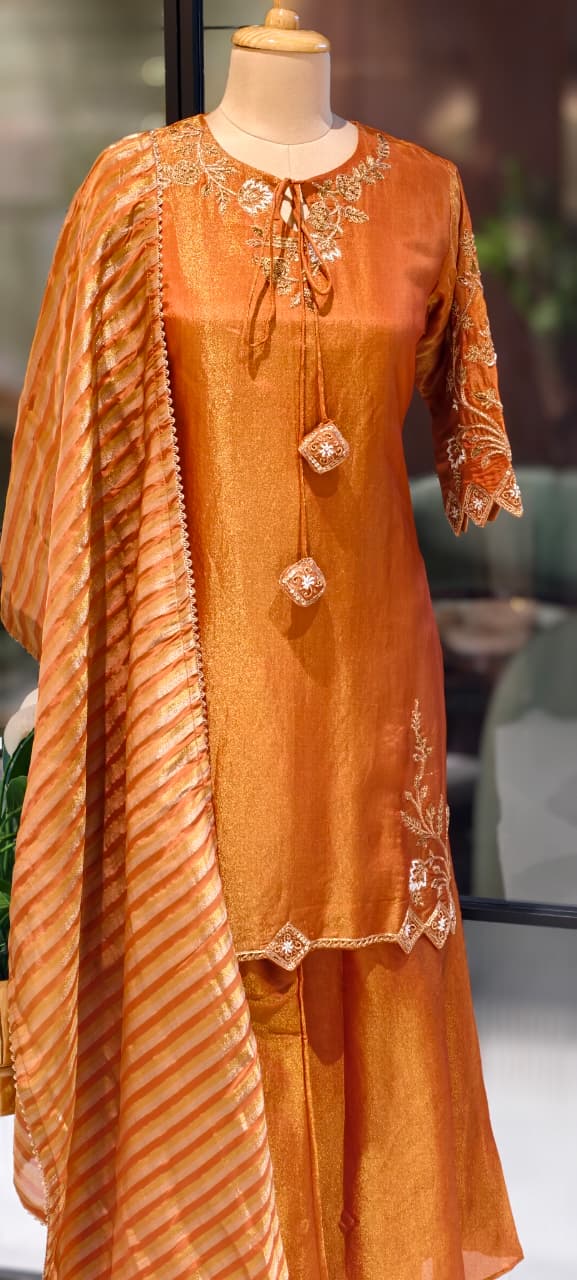 Noor Zari Embroidered Full Suit Set With Palazzo Bottom & Striped Dupatta In Tissue Fabric- 13301