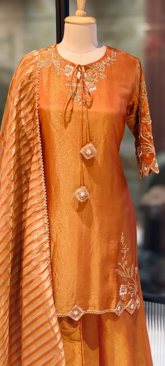 Noor Zari Embroidered Full Suit Set With Palazzo Bottom & Striped Dupatta In Tissue Fabric- 13301