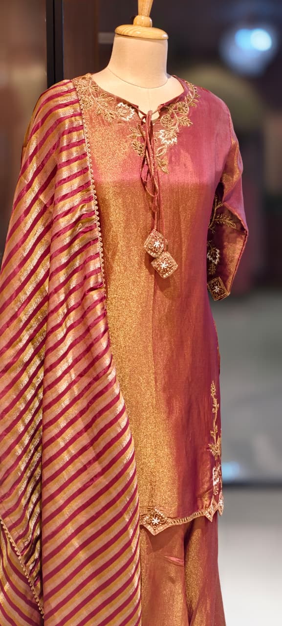 Noor Zari Embroidered Full Suit Set With Palazzo Bottom & Striped Dupatta In Tissue Fabric- 13301