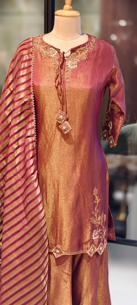 Noor Zari Embroidered Full Suit Set With Palazzo Bottom & Striped Dupatta In Tissue Fabric- 13301