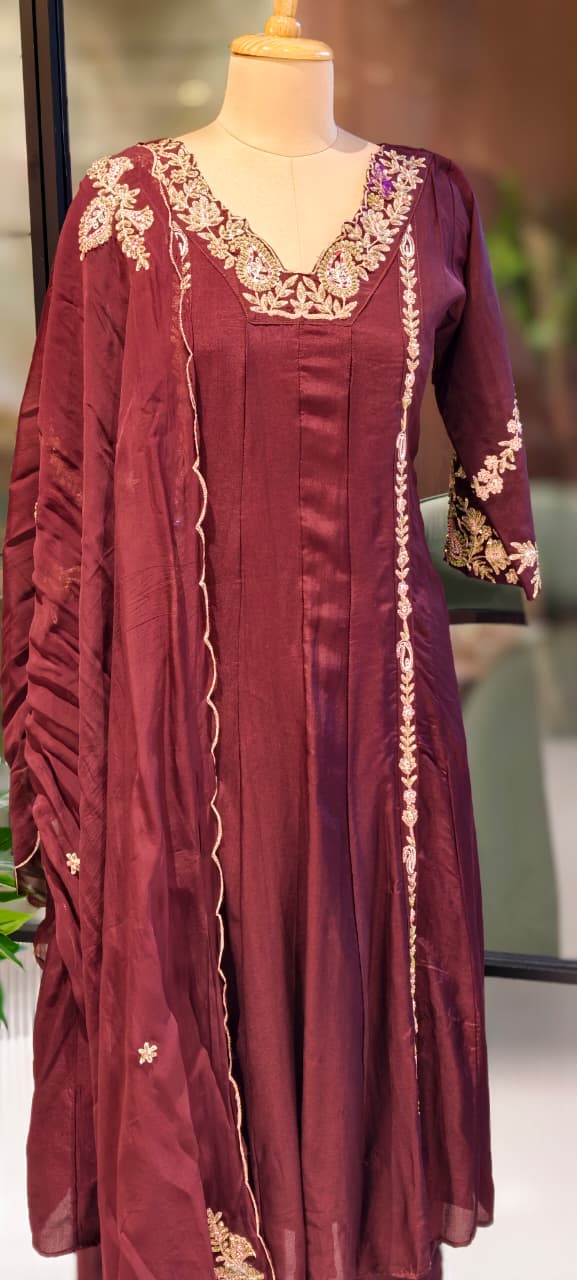 Regal Zardosi Vibrant A-Line Dola Silk Panel Anarkali Full Suit Set With Dupatta- 13308
