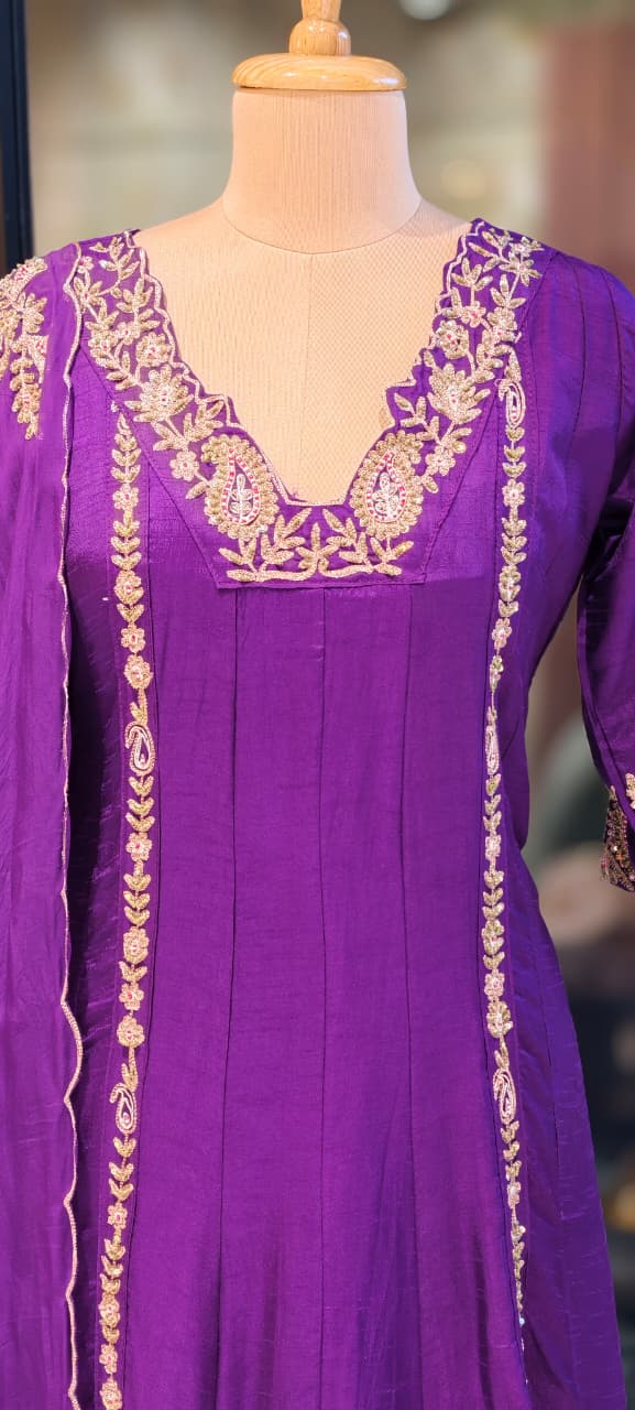 Regal Zardosi Vibrant A-Line Dola Silk Panel Anarkali Full Suit Set With Dupatta- 13308