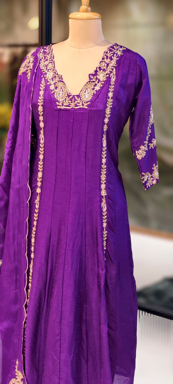 Regal Zardosi Vibrant A-Line Dola Silk Panel Anarkali Full Suit Set With Dupatta- 13308