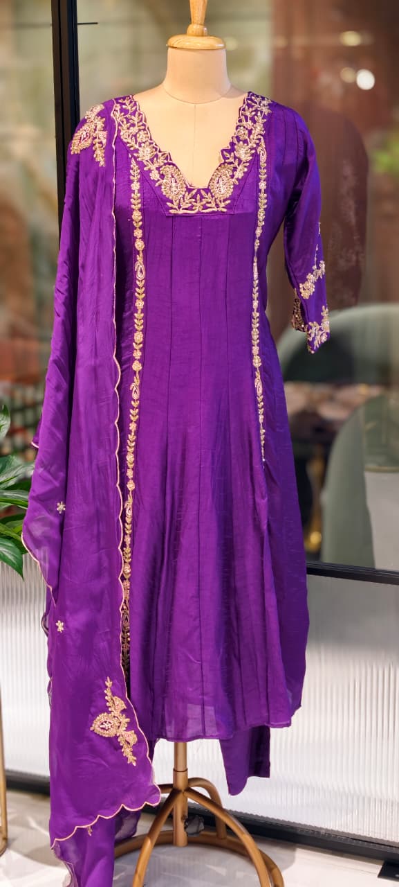 Regal Zardosi Vibrant A-Line Dola Silk Panel Anarkali Full Suit Set With Dupatta- 13308